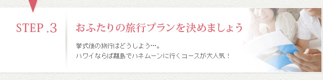 STEP3おふたりの旅行プランを決めましょう 挙式後の旅行はどうしよう…。ハワイならば離島でハネムーンに行くコースが大人気!