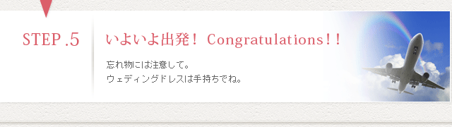 STEP5いよいよ出発!Congratulation!! 忘れ物には注意して。ウェディングドレスは手持ちでね。